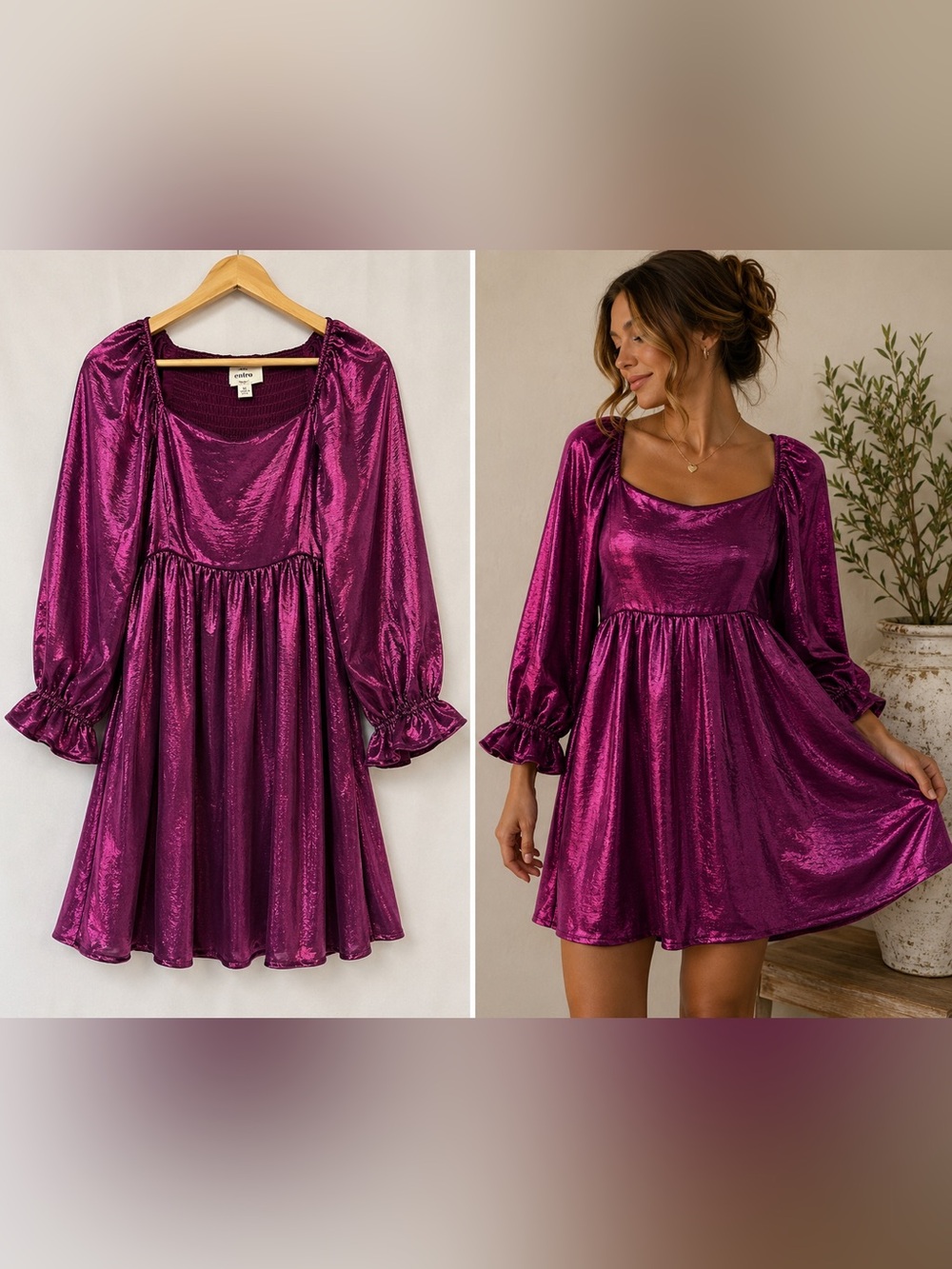 Entro Magenta Metallic Babydoll Mini Dress Size Medium Puff Sleeve Party Glam